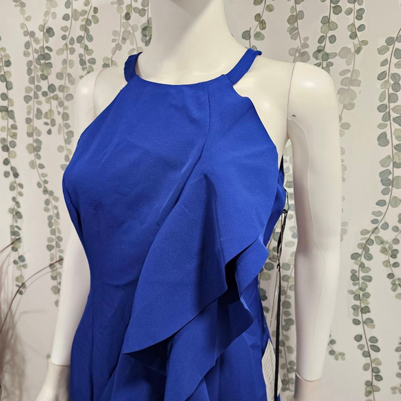 Vince Camuto Laguna Halter Neck Ruffled Crepe Body Con Dress Cobalt Blue size 6 - Picture 4 of 12